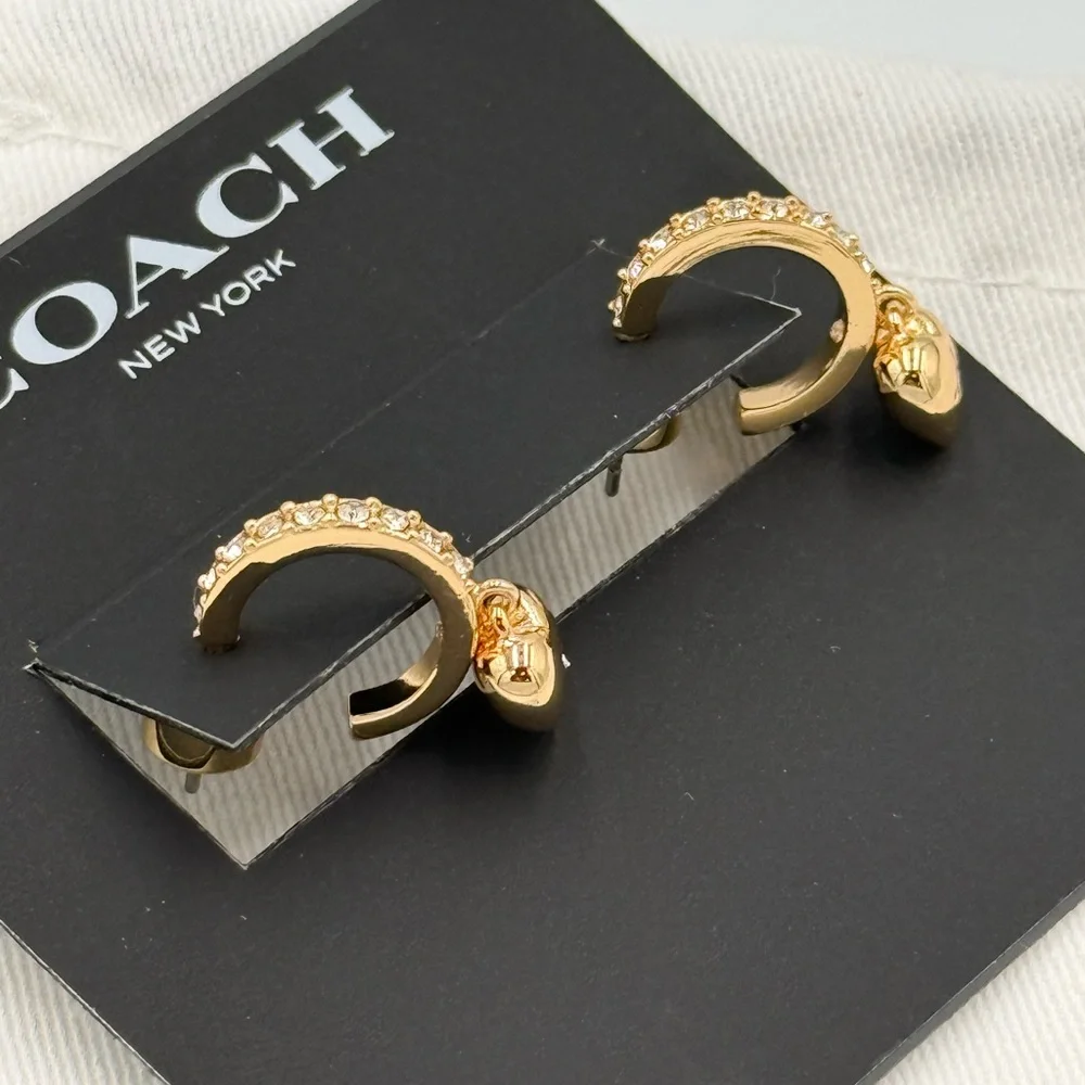 Coach Gold Crystal Heart Huggie Earrings - Picture 2 of 4
